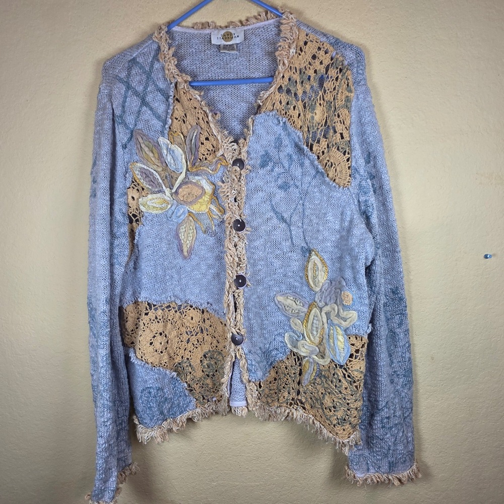 Sandy Starkman Womens XL Blue Cotton Patchwork Crochet Lace Floral Cardigan